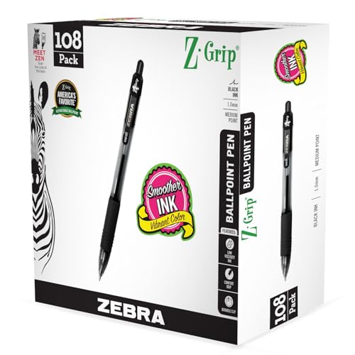 Zebra Pen Z-Grip Retractable Ballpoint Pen, Black Ink, 1.0mm, 108 Bulk-Pack | Smooth Writing, Medium Point Tip, Ideal for Planners, Note-Taking, School and Office Supplies, and Everyday Writing (22108) - color: Black K