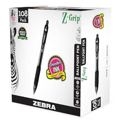 Zebra Pen Z-Grip Retractable Ballpoint Pen, Black Ink, 1.0mm, 108 Bulk-Pack | Smooth Writing, Medium Point Tip, Ideal for Planners, Note-Taking, School and Office Supplies, and Everyday Writing (22108) - color: Black K