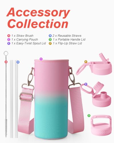 Coolflask 40 oz Water Bottle Insulated with Straw & 3 Leakproof Lids | Water Flask Stainless Steel Triple-Wall Vacuum,Cold 48+h,Dishwasher Safe,Wide Mouth, BPA-Free,Carrier Bag,for Gym,Hiking - color: Bubblegum Princess, size: 40 Ounces