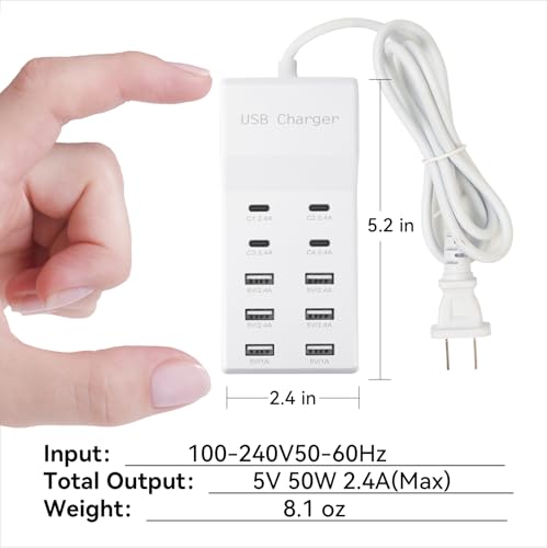 USB Charging Station with 6 USB-A and 4 USB-C Ports, 50W 10A USB Charger Block for Smart Phone, Tablet, Laptop, Multiple Devices - USB Power Strip with Auto-Detect Technology