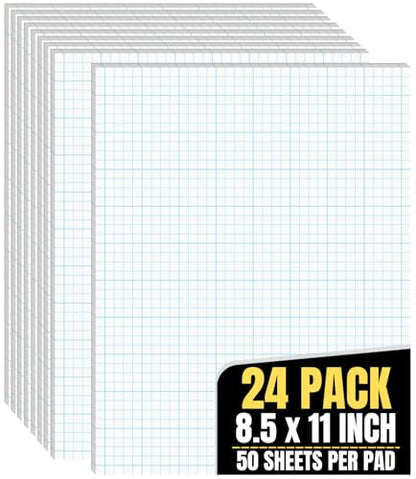 1InTheOffice Graph Paper Pad, Quadrille-Rule Glue Top Pads, Quadrille Rule (4 sq/in) White 8.5 x 11, 50 Sheets, 24 pack