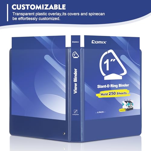 COMIX Sturdy 1 Inch Binders 3 Ring with Clear View Cover, 1" Slant-D Ring View Binder Holds 225 Sheets of US Letter Size Paper, 6 Pack (Blue) - color: Blue, size: 1 inch