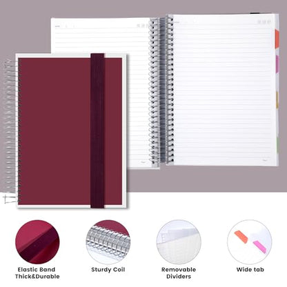 5 Subject Notebook College Ruled Spiral Notebook with Divider Tabs 300Page | Thick 100GSM paper offers smooth writing,inner pocket stores loose papers and notes,perfect for school,office and planning - color: Red