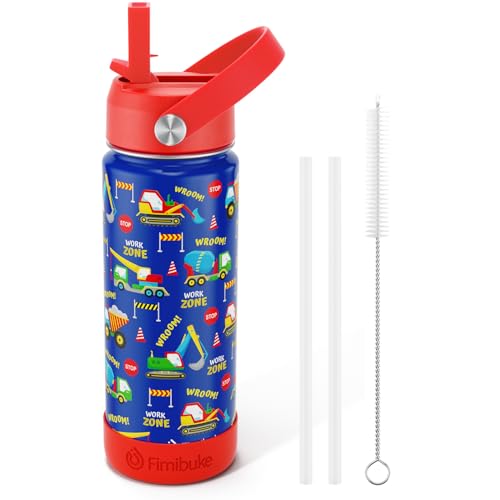 Fimibuke Kids Insulated Water Bottle, 18oz BPA FREE 18/8 Stainless Steel Kids Cup with Straw Travel Tumbler Double Wall Vacuum Leak Proof Toddler Water Bottle for School Boys Girls(1 Pack, Trucks) - color: A3. Construction Trucks