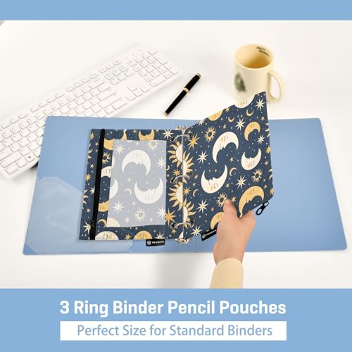 SUABO Sun Moon and Star Pencil Pouch for 3 Ring Binder, 2 PCS Binder Pencil Pouch with Zipper, Clear Window Zipper Pencil Case Pencil Bags for Office Supplies - color: Sun Moon