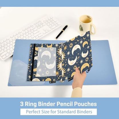 SUABO Sun Moon and Star Pencil Pouch for 3 Ring Binder, 2 PCS Binder Pencil Pouch with Zipper, Clear Window Zipper Pencil Case Pencil Bags for Office Supplies - color: Sun Moon