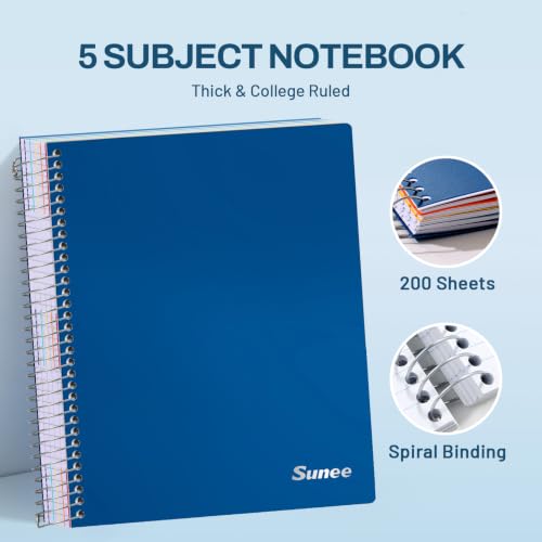 SUNEE 5 Subject Notebook College Ruled - 400 Pages, 9"x11", 5 Pocket Colored Dividers, 3-Hole Punched Paper, Dark Blue - color: Dark Blue, style: College Ruled