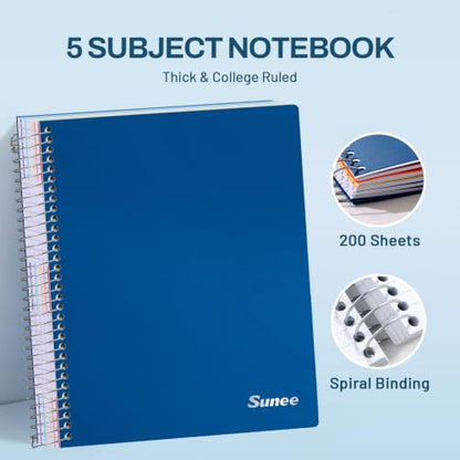 SUNEE 5 Subject Notebook College Ruled - 400 Pages, 9"x11", 5 Pocket Colored Dividers, 3-Hole Punched Paper, Dark Blue - color: Dark Blue, style: College Ruled
