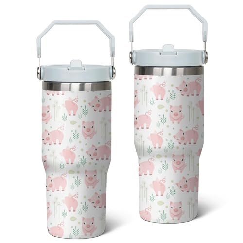 Queen Hero 30 oz Pig Tumbler with Handle, Large Insulated Tumbler with Flip & Straw Coffee Mug Cup Stainless Steel Gifts for Women Men Youth - color: Pig