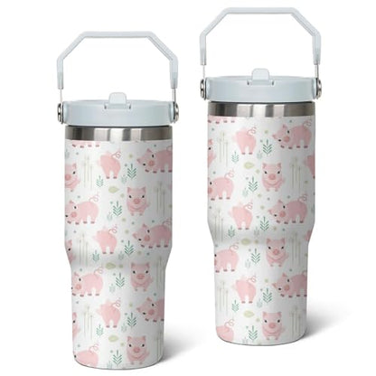 Queen Hero 30 oz Pig Tumbler with Handle, Large Insulated Tumbler with Flip & Straw Coffee Mug Cup Stainless Steel Gifts for Women Men Youth - color: Pig