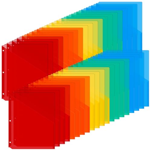 Maitys 50 Pack Binder Pockets 3 Hole Punch Clear Plastic Document Folders Binder Organizer Store Letter Size 8.5x11 Inch Paper Folders with Pockets Slash File Jacket for Office (Bright Colors) - color: Bright Colors