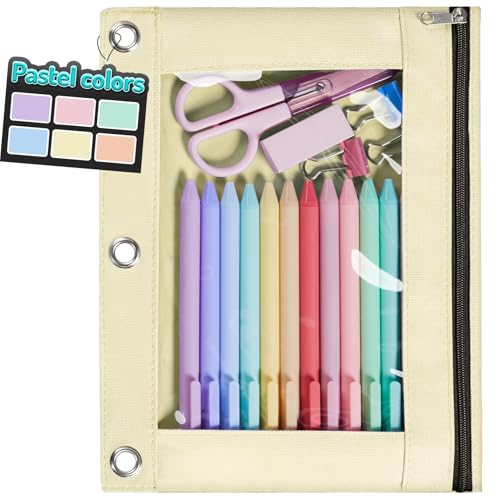 Forvencer Pencil Pouch for 3 Ring Binder, Pastels Pencil Case with Smooth Zipper, Cute Soft Pen Bag with Clear Window & 3 Reinforced Grommets, Big Capacity Binder Bag, School Office Supplies, Yellow - color: Yellow