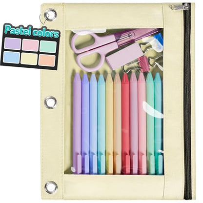 Forvencer Pencil Pouch for 3 Ring Binder, Pastels Pencil Case with Smooth Zipper, Cute Soft Pen Bag with Clear Window & 3 Reinforced Grommets, Big Capacity Binder Bag, School Office Supplies, Yellow - color: Yellow