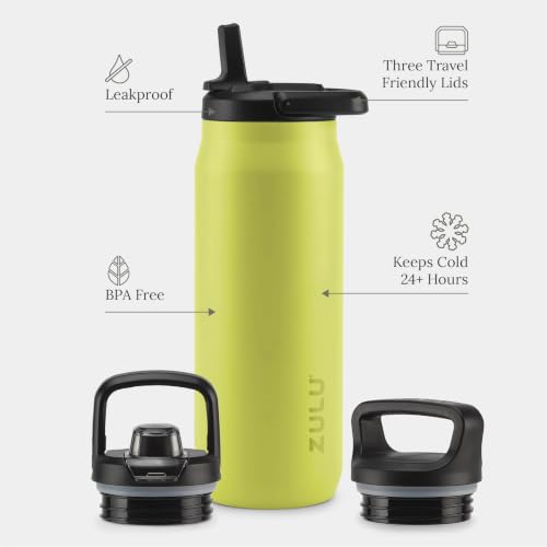 ZULU Base 32oz Stainless Steel Water Bottle with 3 Lids- Straw, Chug, Twist | Double Walled and Vacuum Insulated Metal Thermos | For Gym, Outdoor | Built in Carry Loop, Dishwasher Safe, Guac - color: Guac, style: 32oz