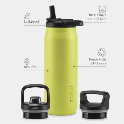 ZULU Base 32oz Stainless Steel Water Bottle with 3 Lids- Straw, Chug, Twist | Double Walled and Vacuum Insulated Metal Thermos | For Gym, Outdoor | Built in Carry Loop, Dishwasher Safe, Guac - color: Guac, style: 32oz