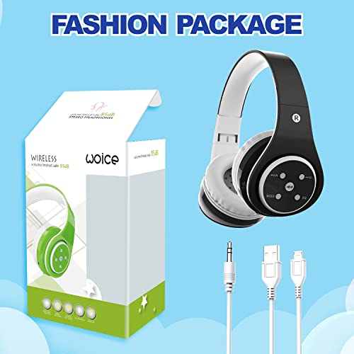 Woice Kids Bluetooth Headphones 85db/110db Volume Limit Wireless/Wired Aux Port Foldable Noise Protection Over-Ear Build-in Mic Headphones for Kids Adults Travel School Phone Pad Tablet PC Black