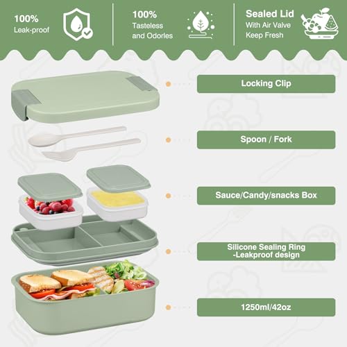 Bento Lunch Box Set with 10.5oz Soup Thermo Food Jar for Adults Kids, Stainless Steel Leak-proof Lunch Container, Coffee Tumbler with Lunch Bag for School Travel Office-Green - color: Green