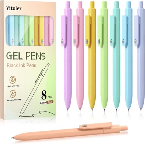 Vitoler Cute Gel Pens, 8 Pack 0.5mm Fine Point Pens with Fidget Quick Dry | For Women, For Teachers, For Nurses, Smooth Writing, Liquid Ink, For Badge, Black ink, Felt Tip, Medium Point, For Journaling - color: Cute Color A
