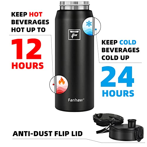 Fanhaw 24 Oz Kids Insulated Stainless Steel Water Bottle with Straw Lid, Leakproof & Anti-Dust Everyday Use Bottle for School, Women & Men, Back to School Essentials (Black) - color: Black, style: 24 Ounces