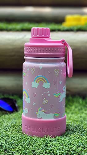 CHILLOUT LIFE 12oz Kids Insulated Stainless Steel Water Bottle with Leak Proof Spout Lid & 144 Stickers - color: Pink Unicorn, style: 12 oz