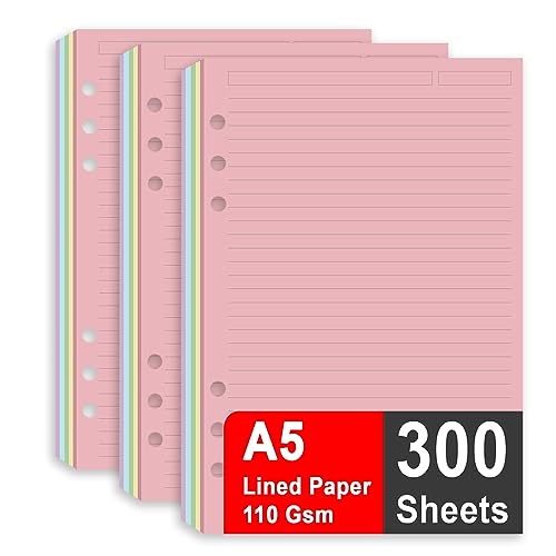 (3 Pack) A5 Filler Paper, 6 Hole Notebook Refills Paper for 6 Ring Refillable Binder, 110 Gsm 5-Color Loose Leaf Planner Refill Paper, 300 Sheets/600 Pages, 5.7x8.3 Inch - color: blue