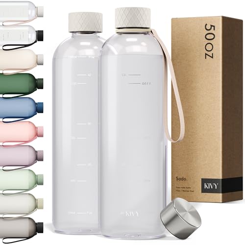 KIVY Large Water Bottle 50oz [Lightweight & Shatterproof] Fits Backpack & Cupholder for Travel, Sports, School - Clear water bottle no straw - 1.5 Liter water bottles plastic - 50oz Water bottle - color: 04 Cream Clear, size: 50oz