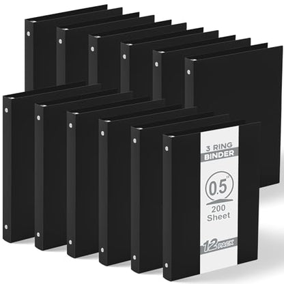 Henoyso 12 Pcs 0.5 Inch Mini 3 Ring Binders Fits 5.5" x 8.5" Paper, Holds(Capacity 140 Sheets), Plastic Flexible Three Round Rings Small Black A5 Binders Bulk for School, Office Use, Photo Album - color: Black, size: 0.5Inch