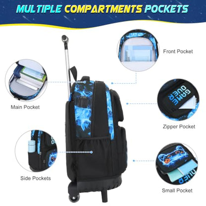 Scothen 3PCS Rolling Backpack for Boys, Cool Gamer Roller Backpack with Wheels, Kids Boy Wheeled Backpacks with Lunch Bag Pencil Case for Teens Bookbag Kindergarten Elementary Middle School - color: Blue Flame