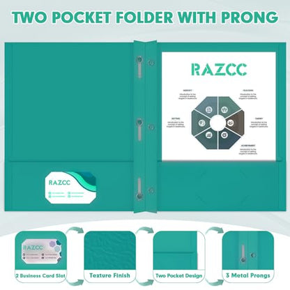 Two Pocket Folders, RAZCC 75 Pack Two Pocket Folders with Prongs, 3 Prong Folders Fit Letter Size Paper, Pocket File Folders for School Office Home Business, Turquoise - color: Turquoise