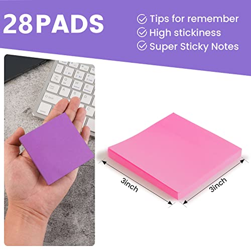 (28 Pads) Sticky Notes 3 x 3 in, Bright Colorful Super Sticking Power Memo Post Stickies, High Stickiness Square Sticky Notes for Office, Home, School, Meeting, 72 Sheets/pad - size: 3x3 inch