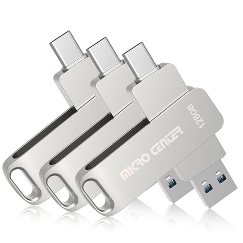 Micro Center SuperSpeed 3 Pack 128GB USB 3.2 Gen 1 Dual Drive Type-C & OTG Type-A 2-in-1 up to 200MB/s Swivel Metal Flash Drive Memory Storage Stick for Android Phones Tablets Mac Laptop - color: 128GB 3PK