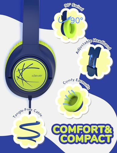 iClever Kids Headphones, Childrens Headphones for Kids 85dBA Safe Volume Limit, Stereo Sound Foldable Over Ear, 3.5mm Jack Boys Girls Headphone for School/Travel/Tablet/PC, Blue Green - color: Green