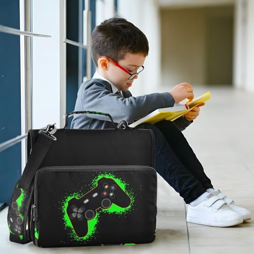 Green and Black Video Game Zipper Binder Bag 3 Ring with Handle Shoulder Strap, Binder File Organizer Bag Storage Case for School Work Office