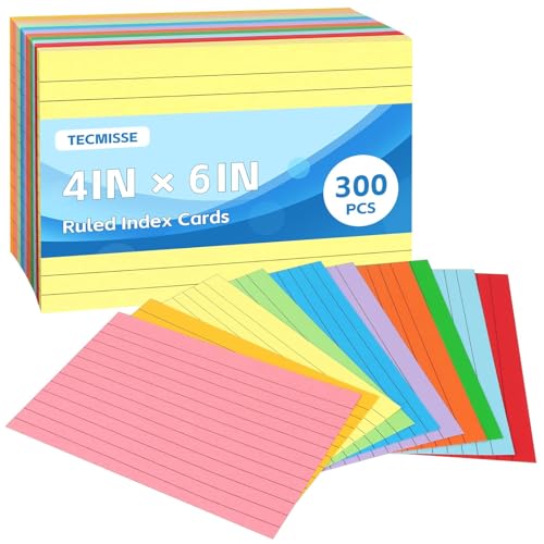 Tecmisse Colored Index Cards 4x6, 300 Pack, 10 Colors Ruled Note Cards, Flash Cards for Studying, Heavy Notecards for Office and School, One Side Lined, One Side Blank