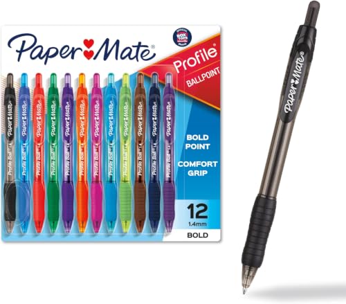 Paper Mate Profile Retractable Ballpoint Pens, Assorted Colors, Bold | 1.4mm Point | Soft Grip | Vivid Ink | 144 Count - color: Assorted, size: 12 Count (Pack of 12)