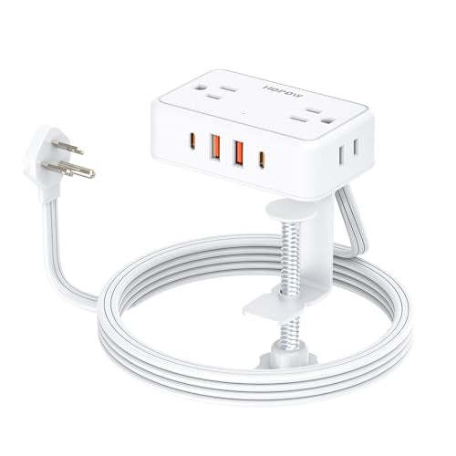 HOPOW Desk Clamp Power Strip, Desktop Mount Charging Station with 4 Outlets 4 USB Ports (2 USB C), 10Ft Under Desk Power Strip, Fits 2.75" Tabletop Edge, Extension Cord for Home Office, White - color: White, size: 10 Ft