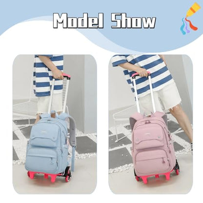 Solid Color Girls Rolling Backpack with Wheels Schoolbag Elementary School Student Trolley Daypack - color: A-purple - Six Wheels, size: 6 Wheels