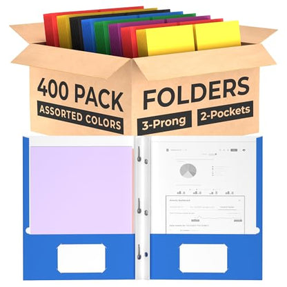 Folders with Pockets and Prongs (400 Pack) 2 Pocket Folders with 3 Prongs for School Paper Folders with Pockets - style: 400 Pack