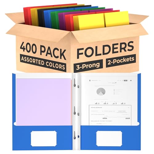 Folders with Pockets and Prongs (400 Pack) 2 Pocket Folders with 3 Prongs for School Paper Folders with Pockets - style: 400 Pack
