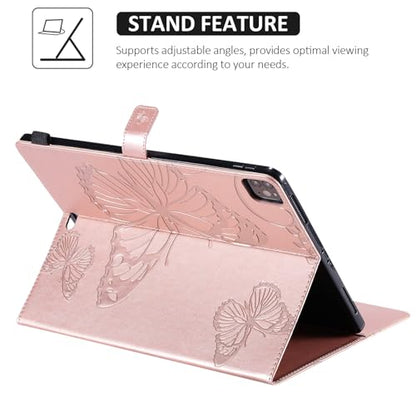 Dteck Wallet Case for iPad Air 13 Inch M2 2024 & iPad Pro 12.9 2022/2021/2020/2018 with Pencil Holder,Embossed Butterfly Auto Sleep/Wake PU Leather Smart Stand Girls Cute Folio Pocket Cover,Rosegold - color: 10 Rosegold