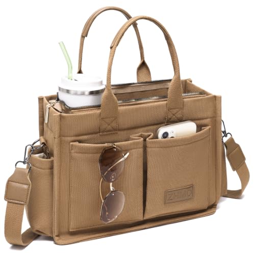 ZHMO Canvas Tote Bag for Women,Women's Bags Crossbody Bags Work Laptop Tote Bag Large Handbags Purse for Travel Nurse Teacher - color: New Upgrade Brown With Compartments and Side Cup Holders