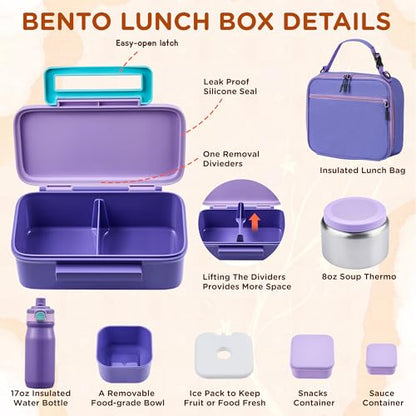 JXXM Bento Lunch Box for Kids With 8oz Thermo, Leakproof Bento Box with with 2 Compartments, Insulated Bottle, Lunch Bag, BPA Free Dishwasher Safe for School Girls Boys (Purple) - color: Purple 01