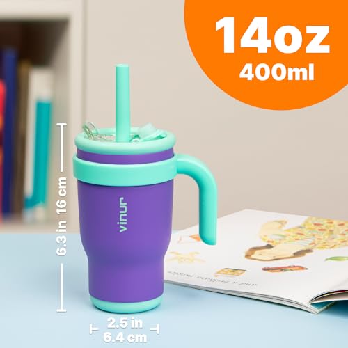 VINUR Kids Tumbler with with Lid and Straw -14 oz Stainless Steel Vacuum Insulated Tumbler Travel Mug with Handle & Silicone Base-Gifts for Girls, Purple - color: Purple, size: 14 Ounces