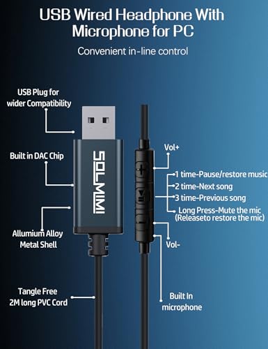 USB Earbuds with Microphone for PC Laptop, 2M/6.5ft USB-A Headset Headphone with Microphone for PC Computer Laptop PS4 PS5 Notebook Desktop Office Home with Volume Control& Mute