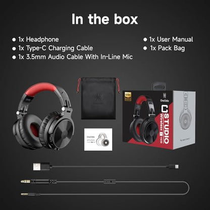 OneOdio Bluetooth Over Ear Headphones, 110 Hrs Wireless/Wired Stereo Sound Foldable Headsets with Deep Bass 50mm Neodymium Drivers for PC/Phone/Tablet - Studio Wireless Pro C, Red - color: Red