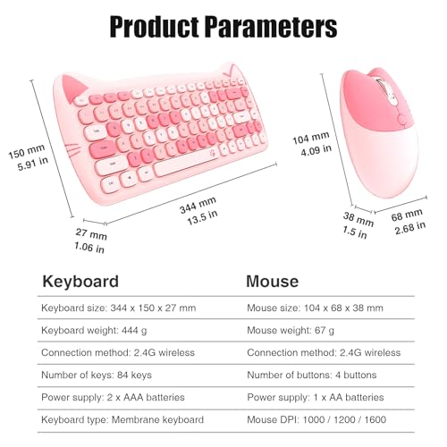 Cute Cat 2.4G USB Wireless Keyboard and Mouse Combo, Silent Keys, Candy Colors, Compatible with Notebook, PC (Pink-84Keys) - color: Pink-84Keys