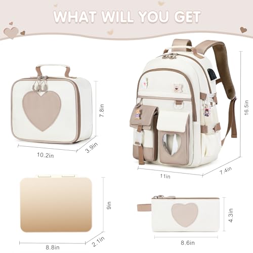 ACESAK Girls Backpack - Bento Box with Insulated Lunch Bag Pencil Case & Utensils Set for Kids, 6 Leakproof Compartments Removable Tray Lunches or Snack Container for School (Khaki Beige) - color: Khaki Beige