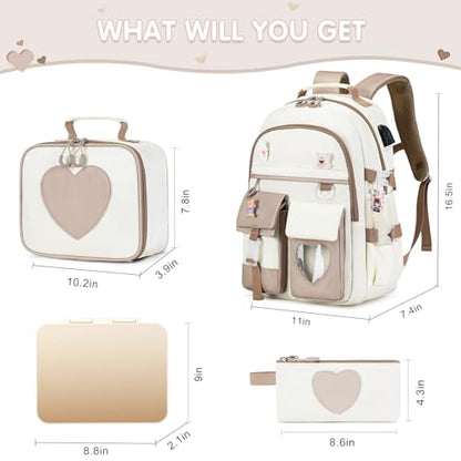 ACESAK Girls Backpack - Bento Box with Insulated Lunch Bag Pencil Case & Utensils Set for Kids, 6 Leakproof Compartments Removable Tray Lunches or Snack Container for School (Khaki Beige) - color: Khaki Beige