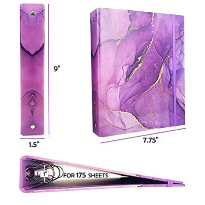 Mini Binders 5.5 x 8.5 Three Ring, Decorative Hardcover With Elastic Cord, 1 Inch Purple Marble Design, for School, Office, and Home Use, Playbill and Recipe Binder, 2 Pack