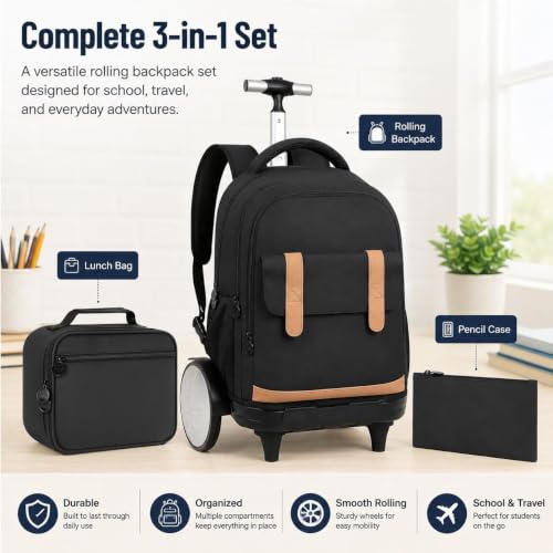 KLFVB Rolling Backpack with Big Quiet-Glide Wheels, 3-in-1 Wheeled Commuter Set with Lunch Bag | Water-Resistant Roller Bag for Men & Women, Work, Travel, School - Black